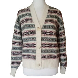 Ann Taylor Loft Wool Blend Nordic Fair Isle Button Front Cardigan Pink Sz Small